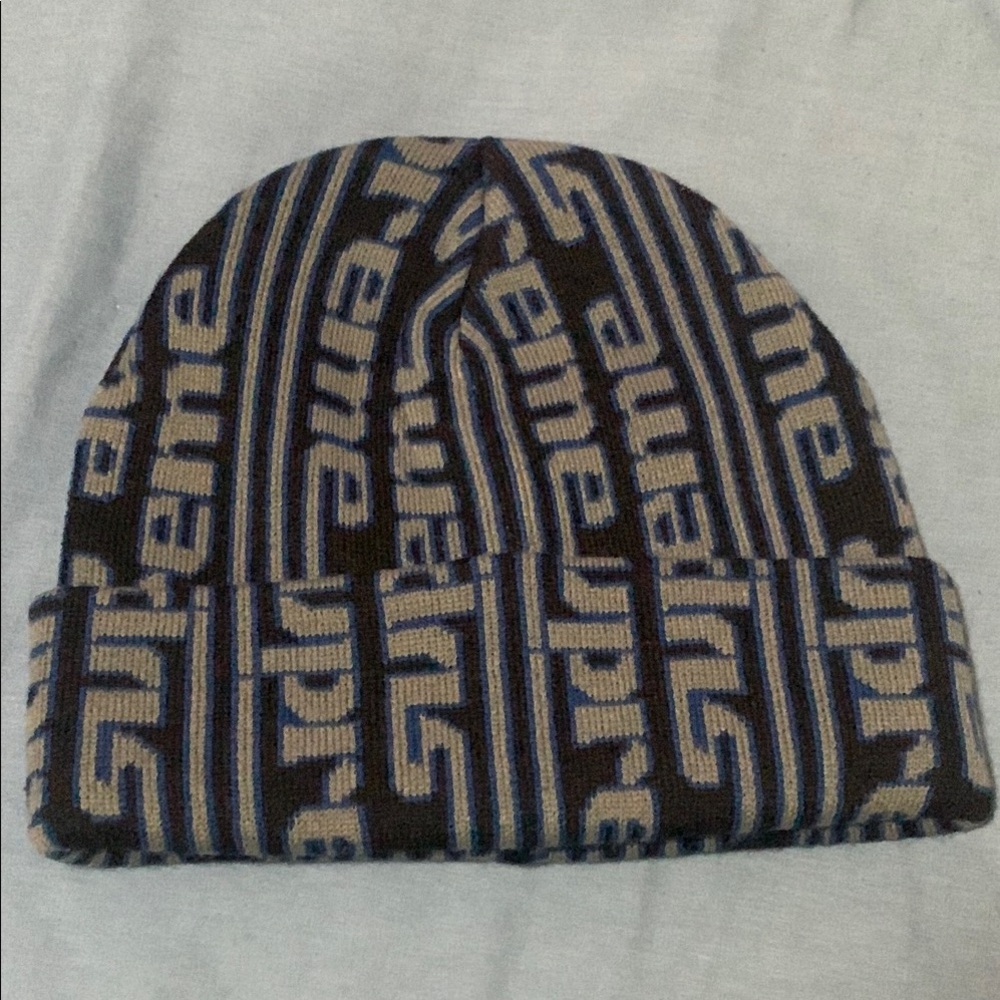 Supreme Striped Black and Tan Beanie Vertical Logo